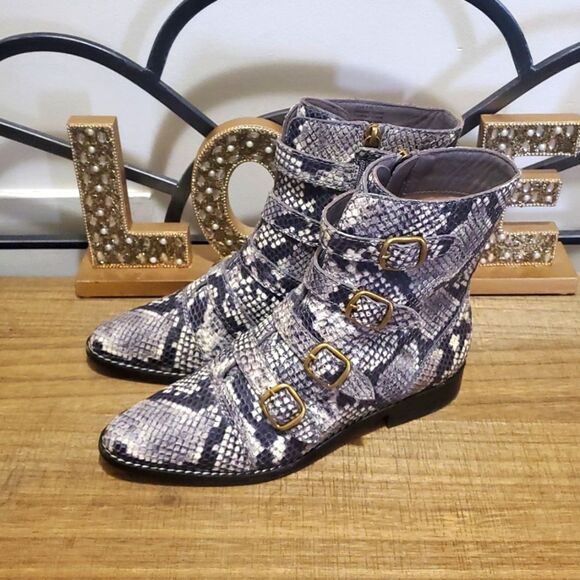 J Crew Women's Multi-Buckle Snake-Embossed Leather Moto Biker Boots Sz 7 - Picture 5 of 11